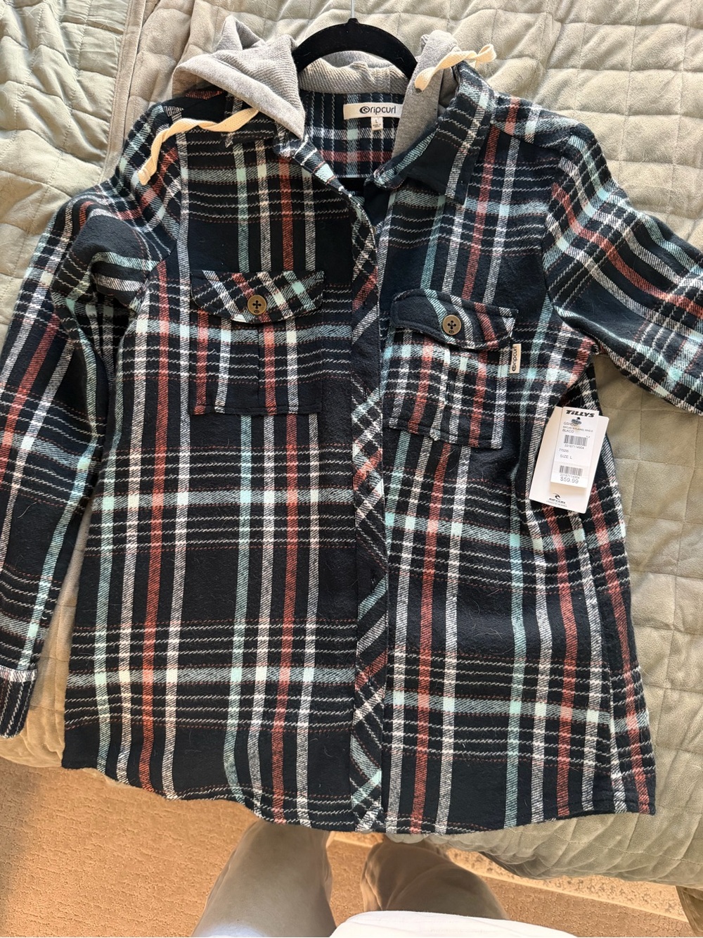 Rip Curl Plaid Hooded Shacket - Black, Rust & Mint